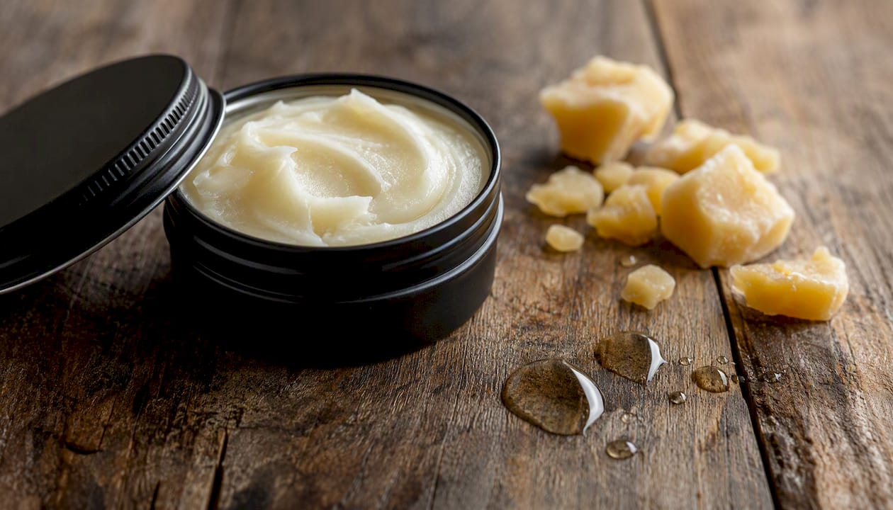 Open black tin showing creamy tallow moisturizer texture