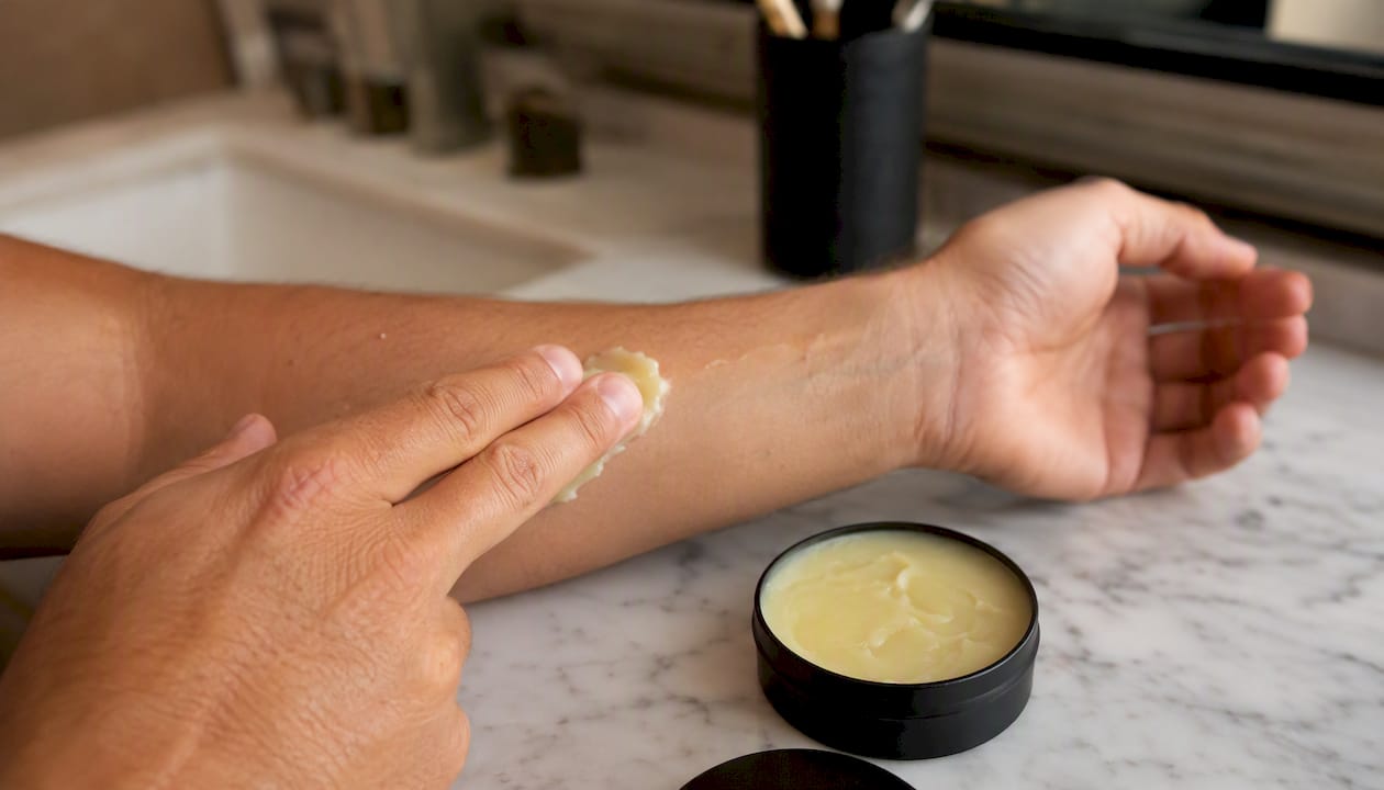 Hand applying tallow balm on skin