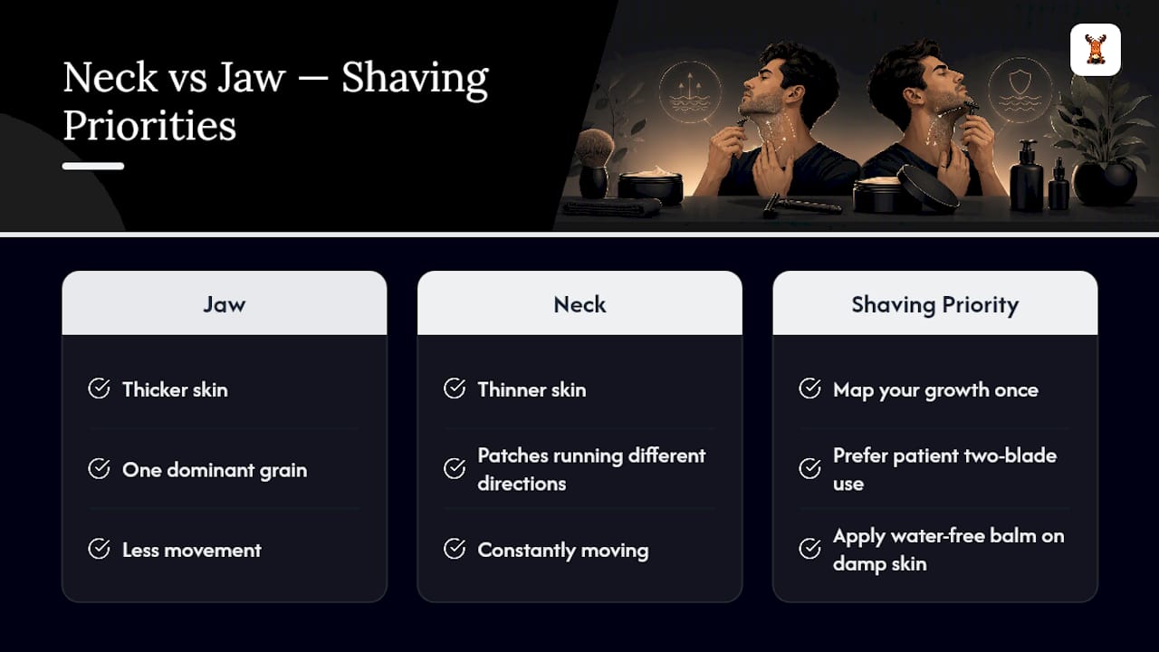 Diagram comparing neck and jaw skin and shaving steps