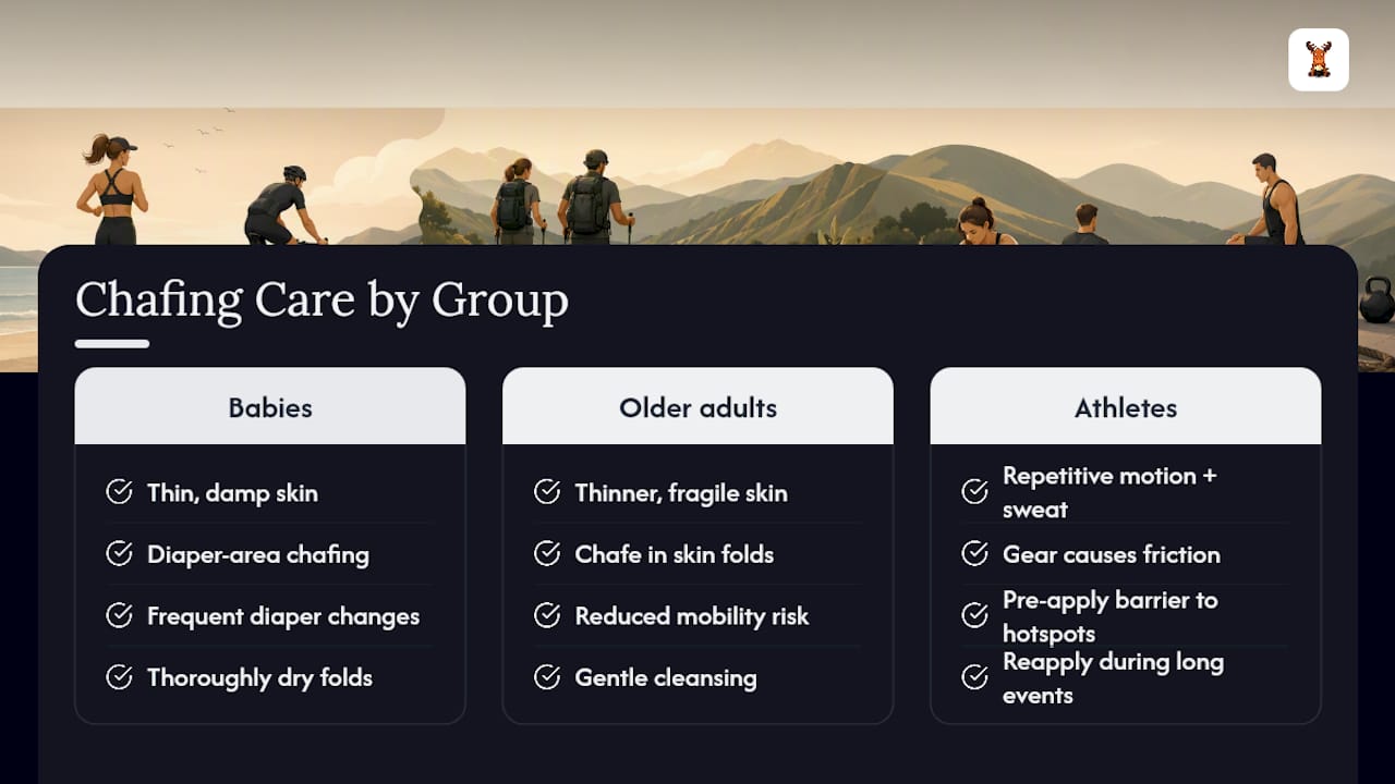 Chafing Care for Babies, Older Adults, and Athletes — overview diagram