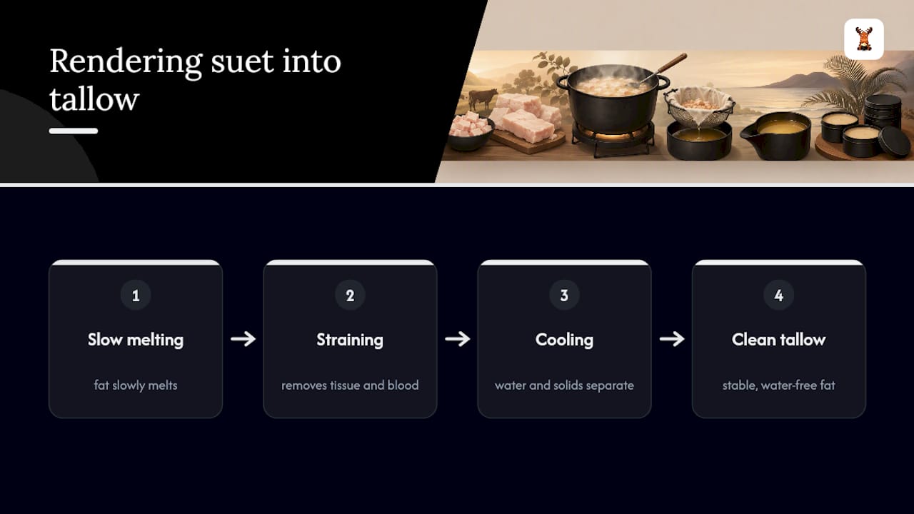 Four stages of rendering suet into tallow