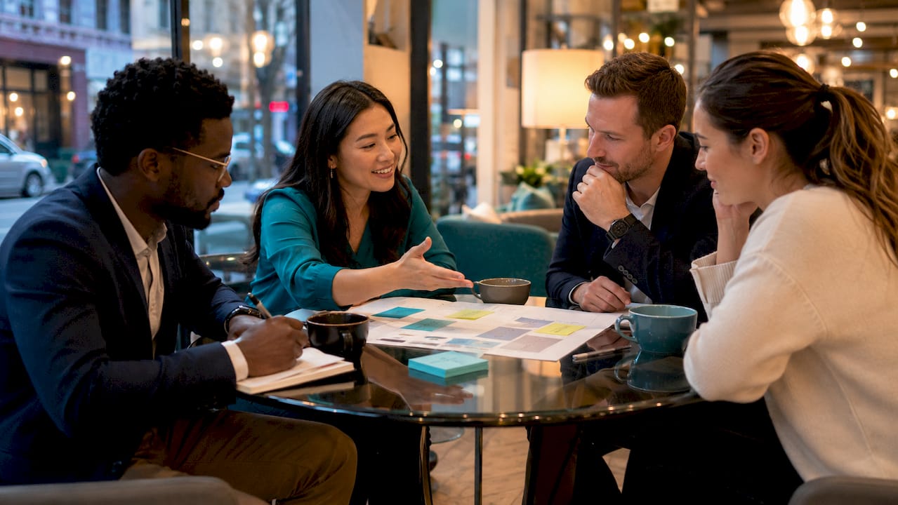 Team collaborating over strategic plan documents