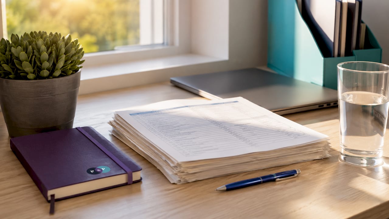 Close-up of feedback forms and tools on desk