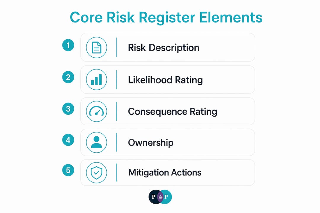 Infographic illustrating core elements of a risk register