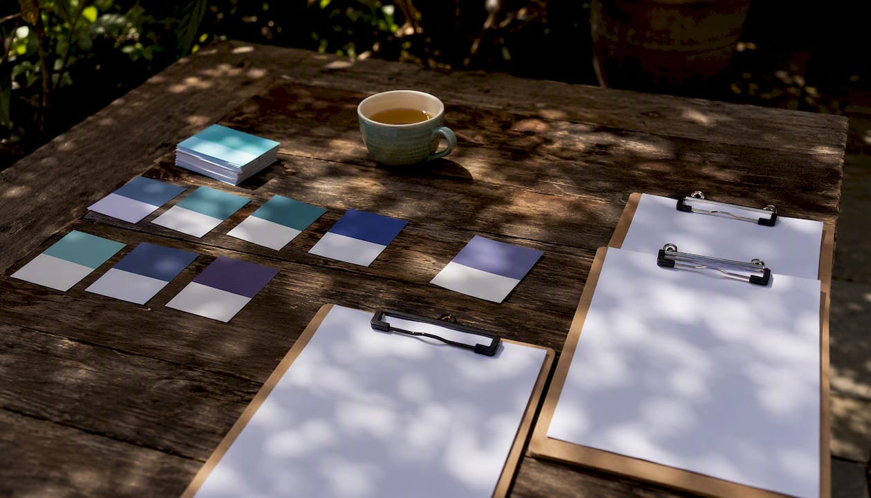 Capability framework cards and clipboards on table