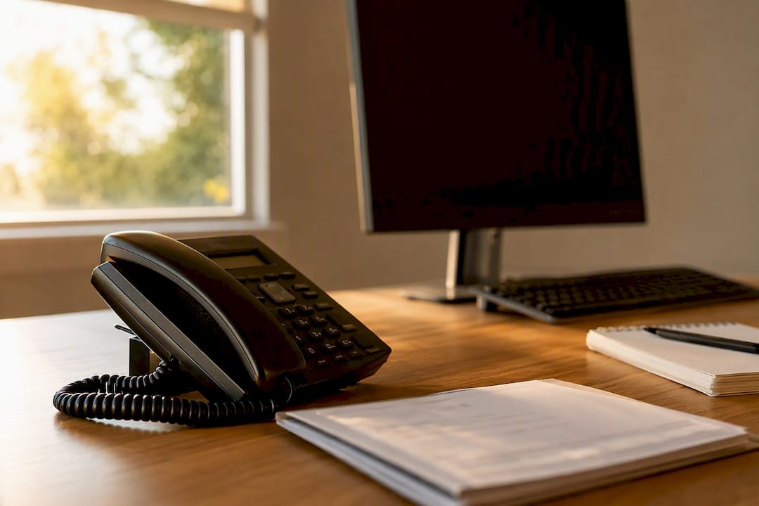 Emergency contact telephone and blank notepad on desk