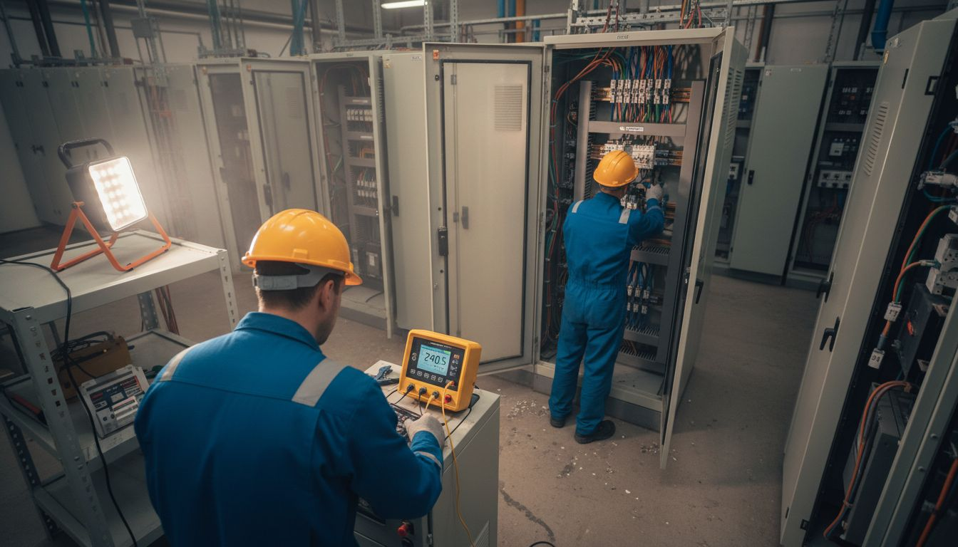 Des techniciens procèdent à la vérification des systèmes de protection contre la foudre.