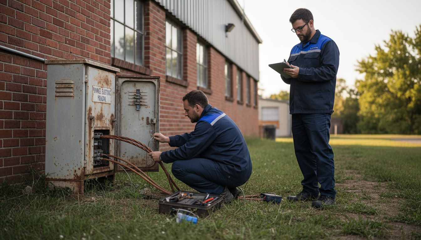 Des techniciens procèdent à l’installation d’un dispositif de mise à la terre.