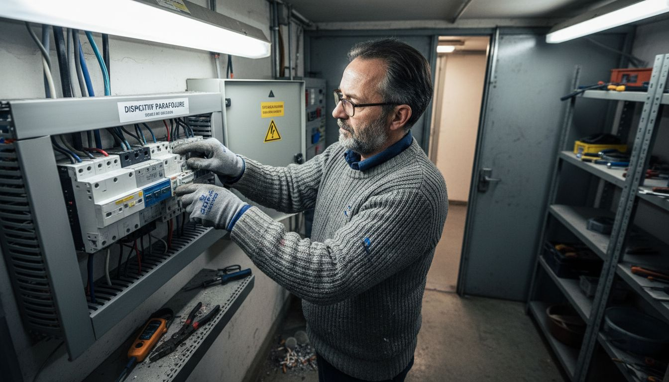 Un électricien procède à l'installation d'un parafoudre sur un tableau électrique mural.