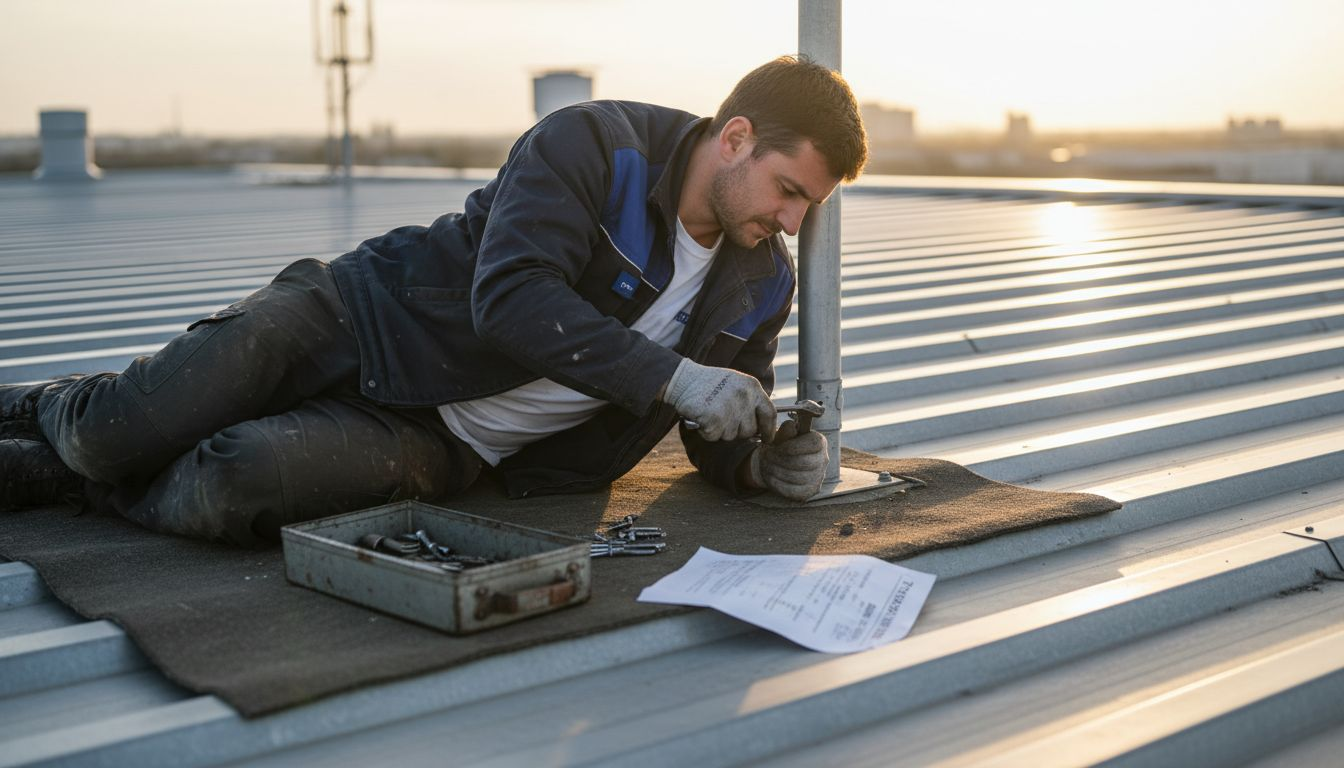 Un technicien procède à l'ajustement du système de protection contre la foudre sur le toit.