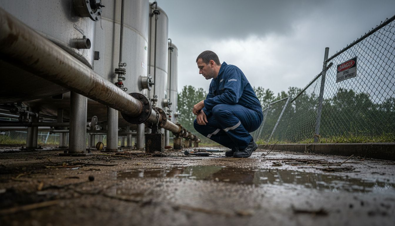 Un technicien examine les dommages causés par la foudre aux abords d’une usine.