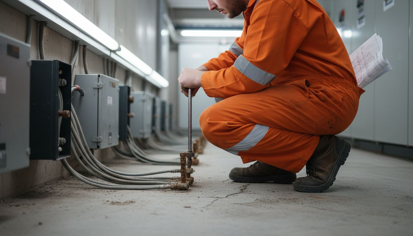 Technicien en train de contrôler la bonne mise à la terre des installations