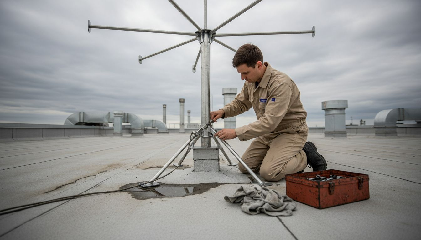 Un technicien procède à la pose d’un connecteur en acier destiné à la protection contre la foudre.