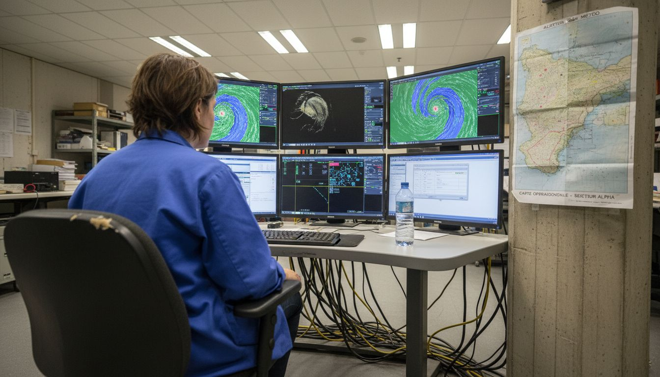 Un technicien analyse en temps réel les données météorologiques affichées sur ses écrans.