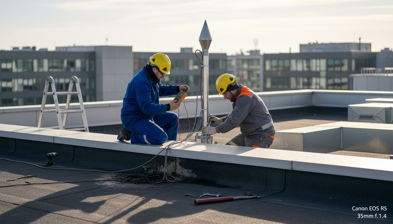 Des techniciens installent un paratonnerre sur le toit d’un immeuble.