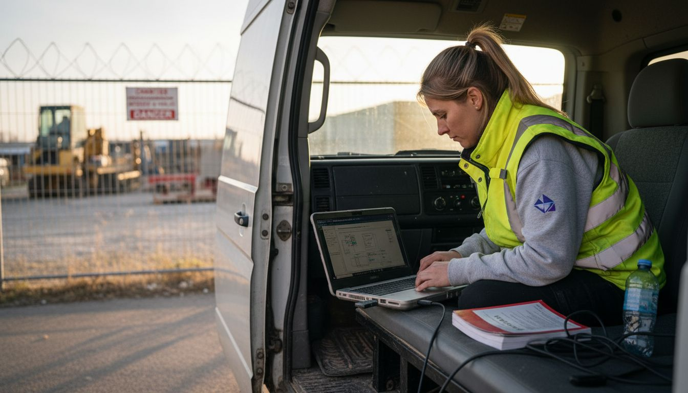Un technicien utilise l’appareil Dongl@ir à bord de son fourgon.