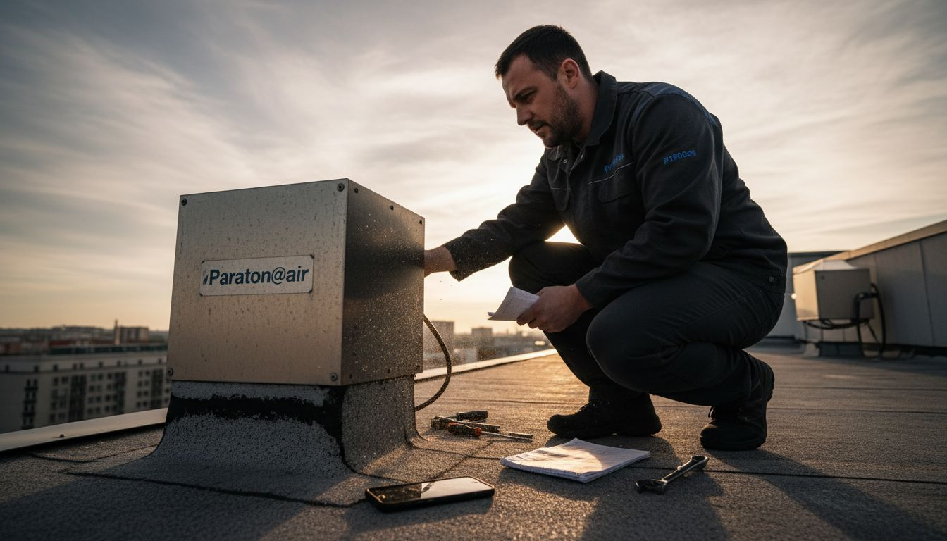 Un technicien contrôle la bonne installation d’un paratonnerre intelligent, capable d’être connecté.