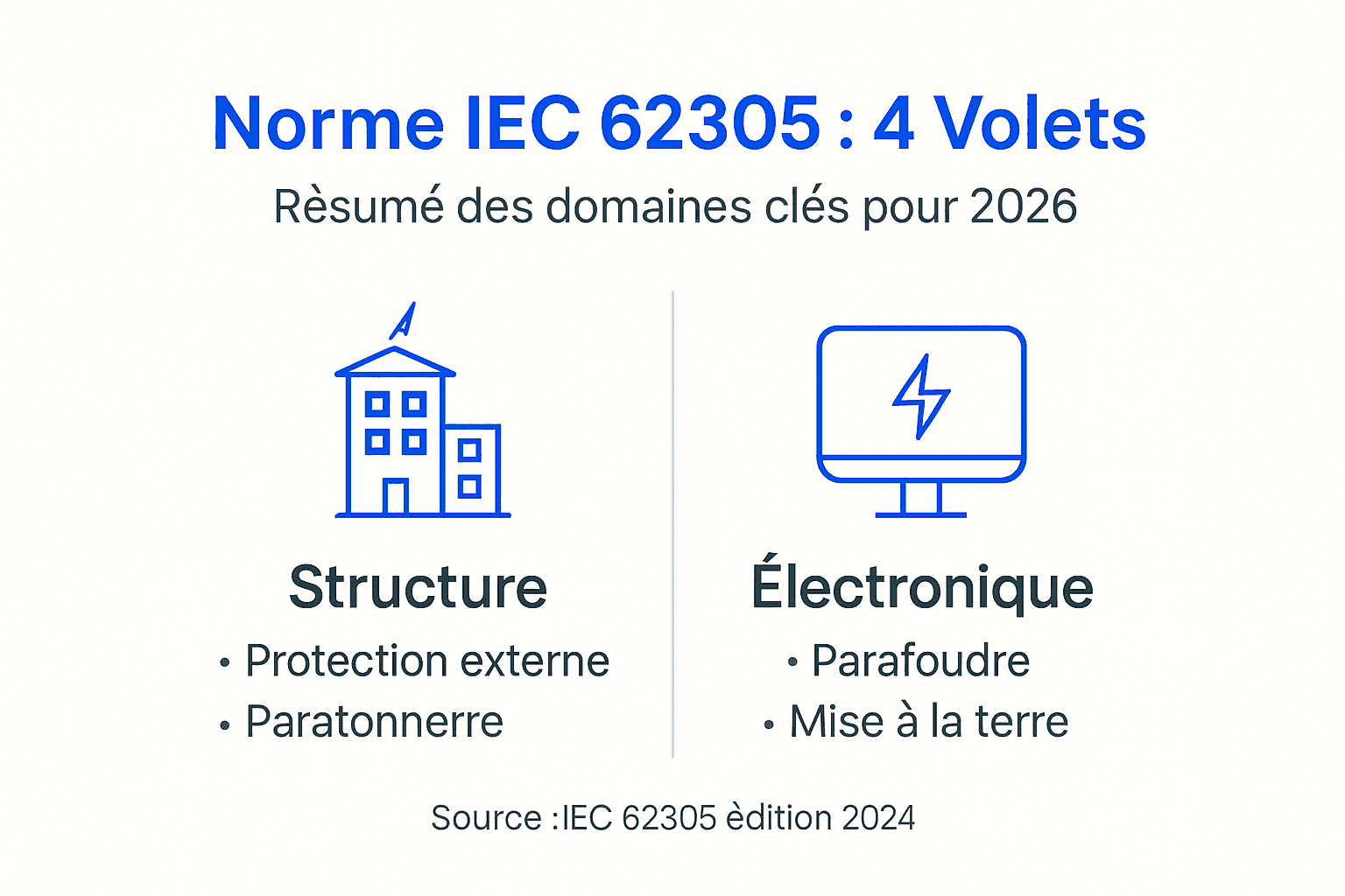 Infographie illustrant les 4 parties essentielles de la norme IEC 62305
