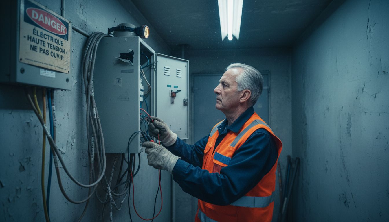 Un technicien procède à l’inspection d’un tableau électrique recouvert de poussière.