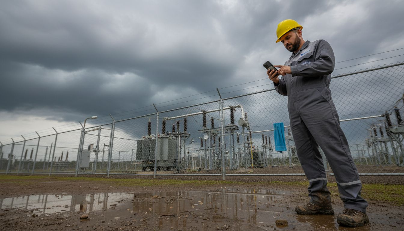 Un technicien intervient en tant que consultant sur un site exposé à des conditions orageuses.