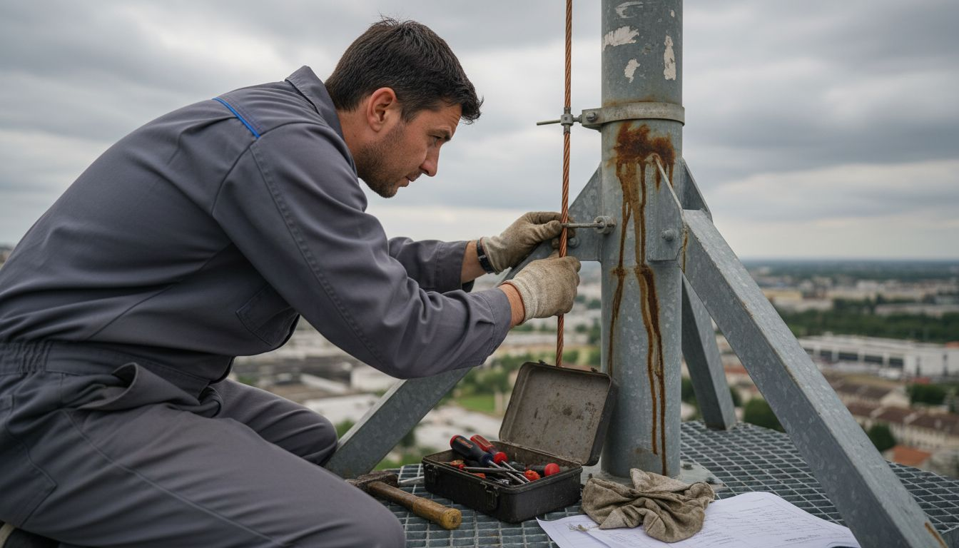 Un technicien effectue le contrôle des liaisons du paratonnerre.