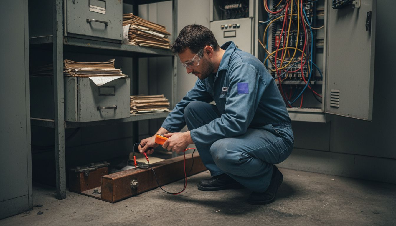 Un ingénieur procède au contrôle de la continuité électrique du système de mise à la terre du paratonnerre.