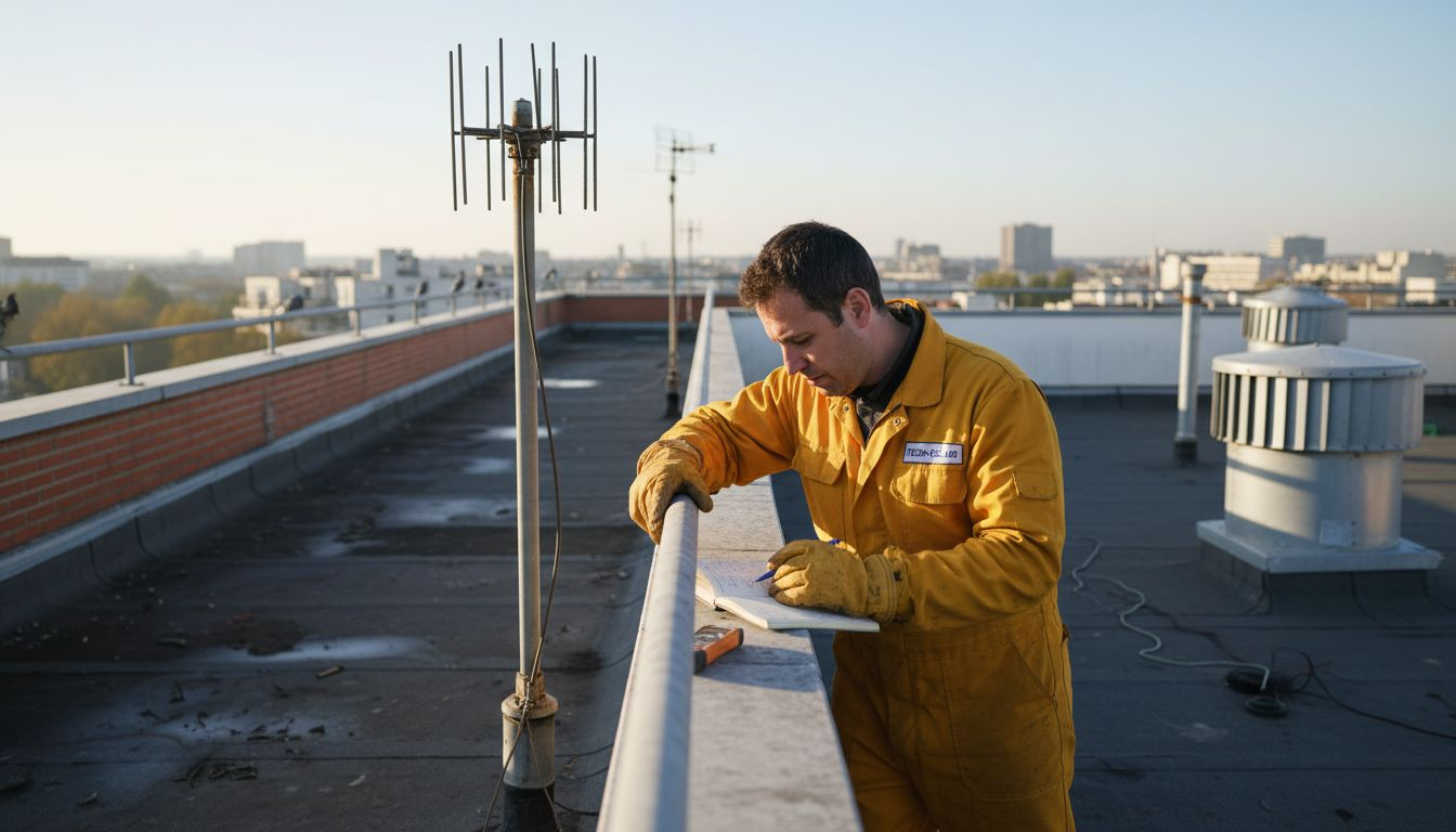 Un technicien effectue le contrôle d’un paratonnerre installé sur le toit d’un bâtiment.