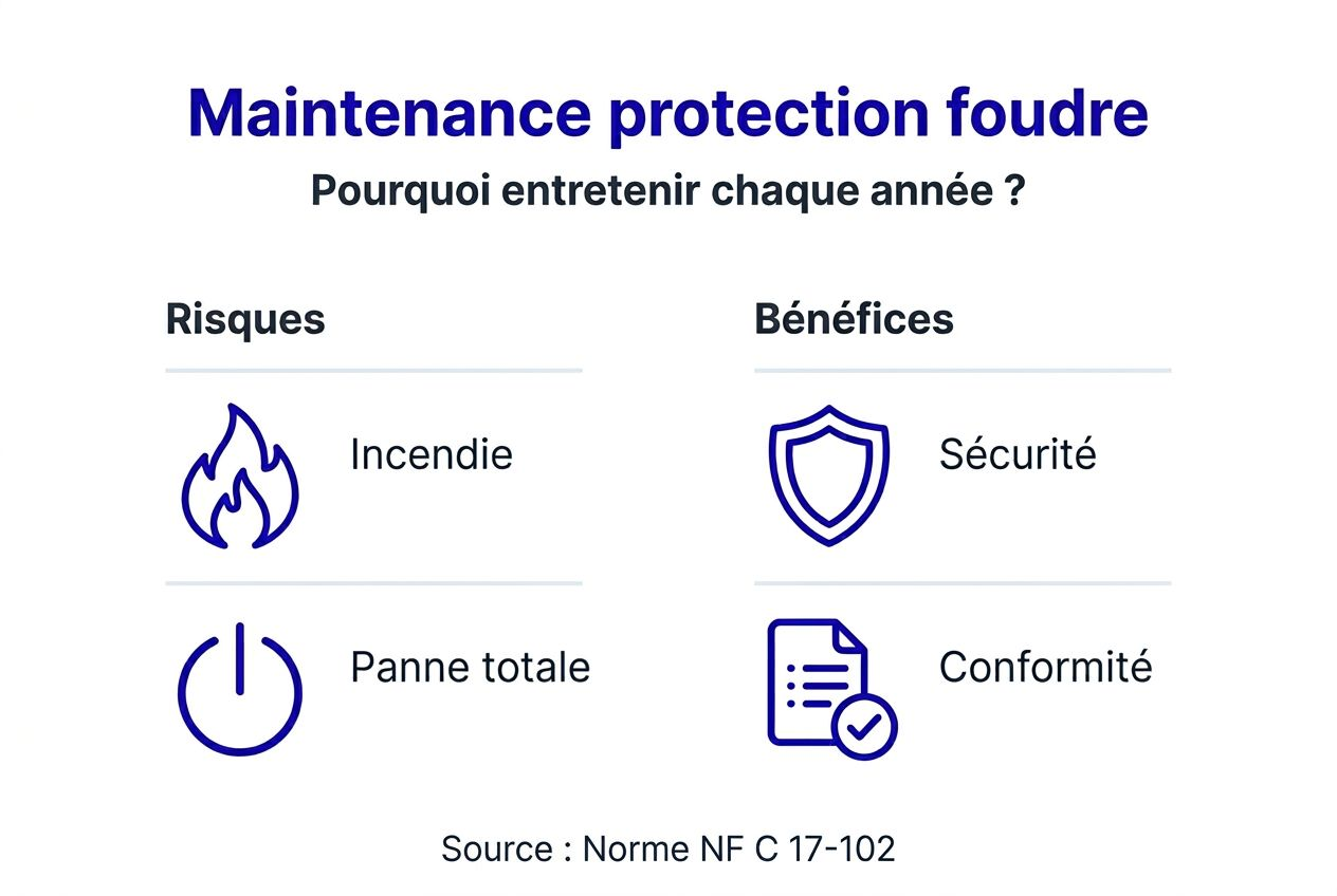 Infographie : avantages et points de vigilance de la maintenance des systèmes de protection contre la foudre