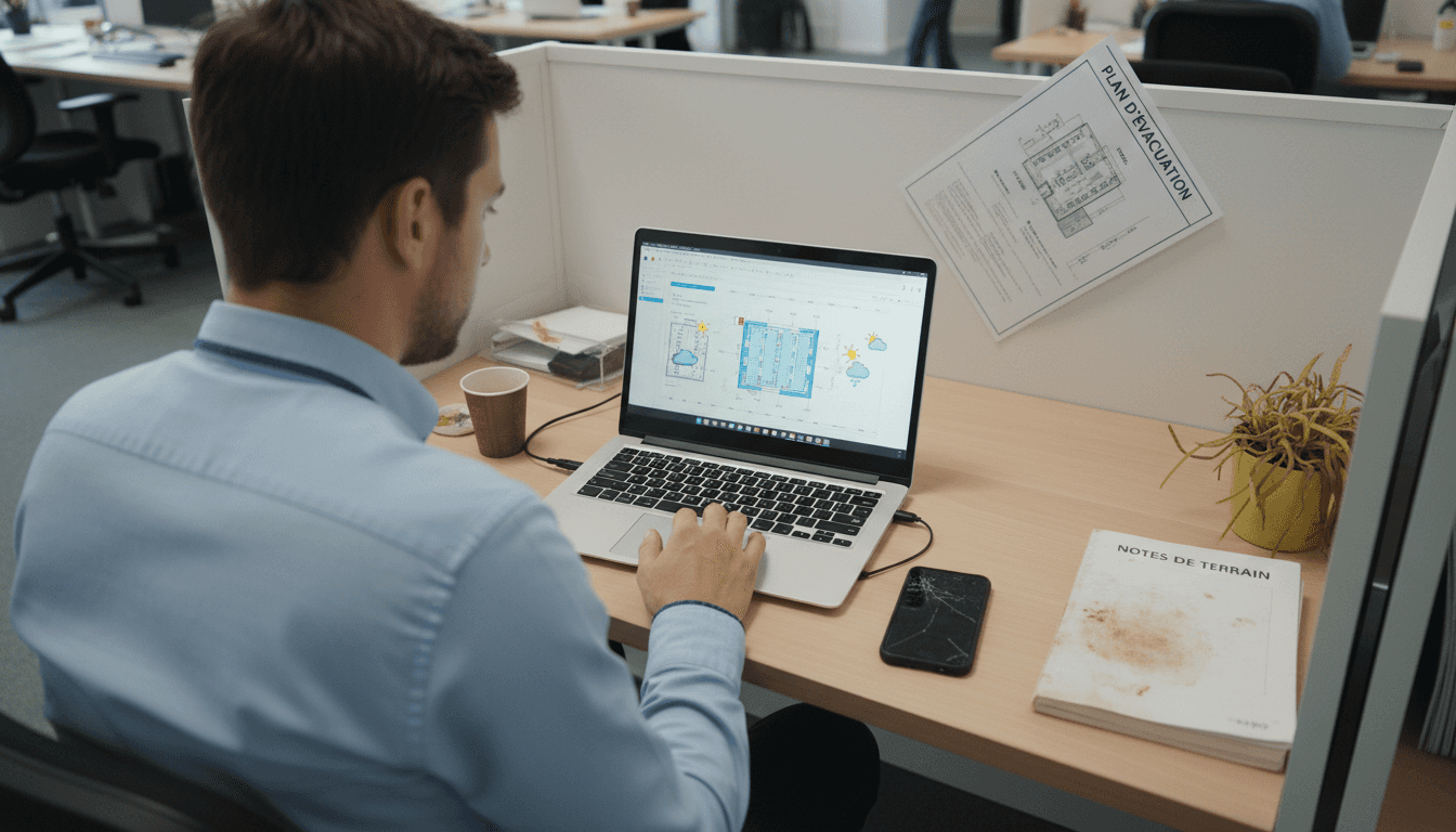 Un technicien en pleine utilisation d’un logiciel spécialisé pour évaluer les risques liés à la foudre.