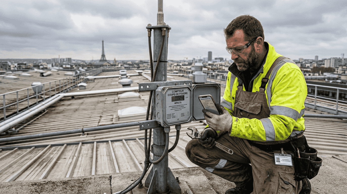 Intervention d’un technicien pour la relève du compteur d’impacts sur le paratonnerre