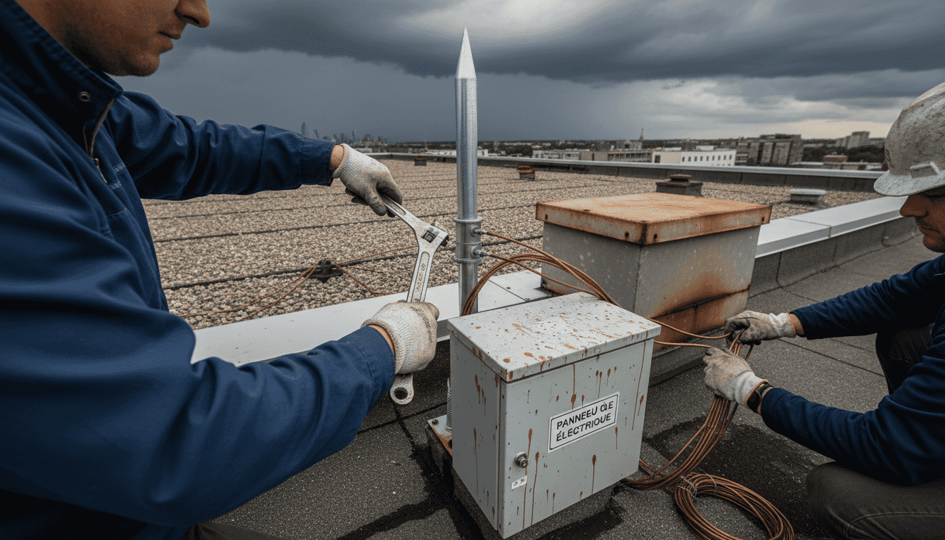 Des techniciens procèdent à l’installation d’un paratonnerre sur le toit d’un immeuble.