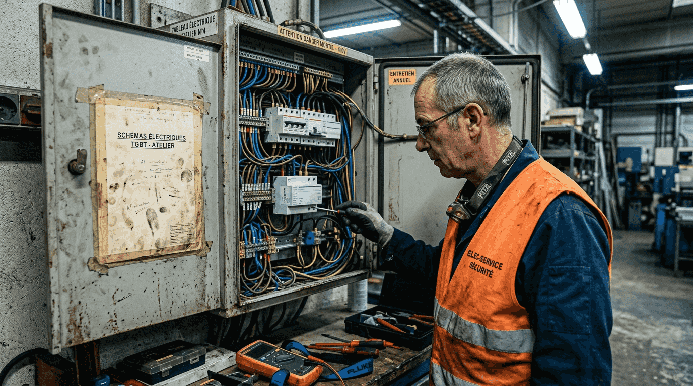 Un électricien procède à la vérification d’un parafoudre installé dans une armoire électrique.