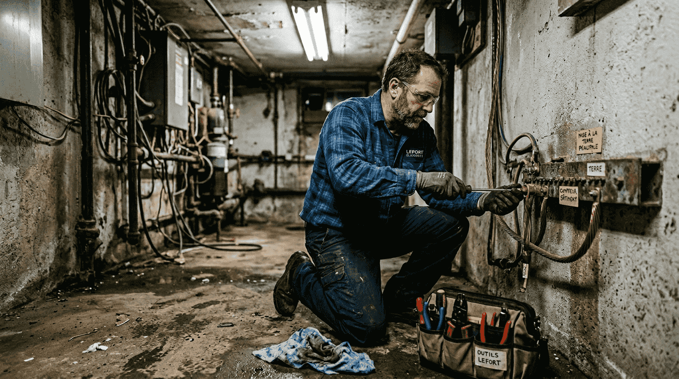 L’électricien procède à la mise à la terre dans le local technique.