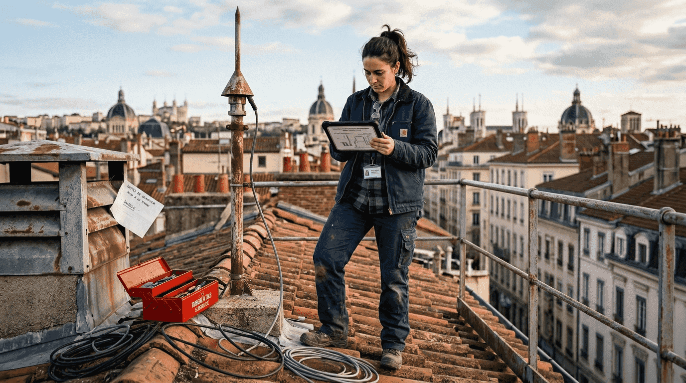Un ingénieur procède à la vérification du système de paratonnerre installé sur le toit.