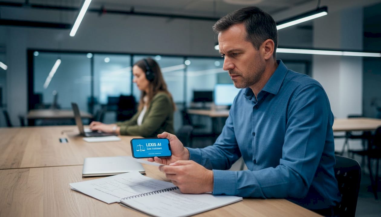 Man using AI legal tool at desk