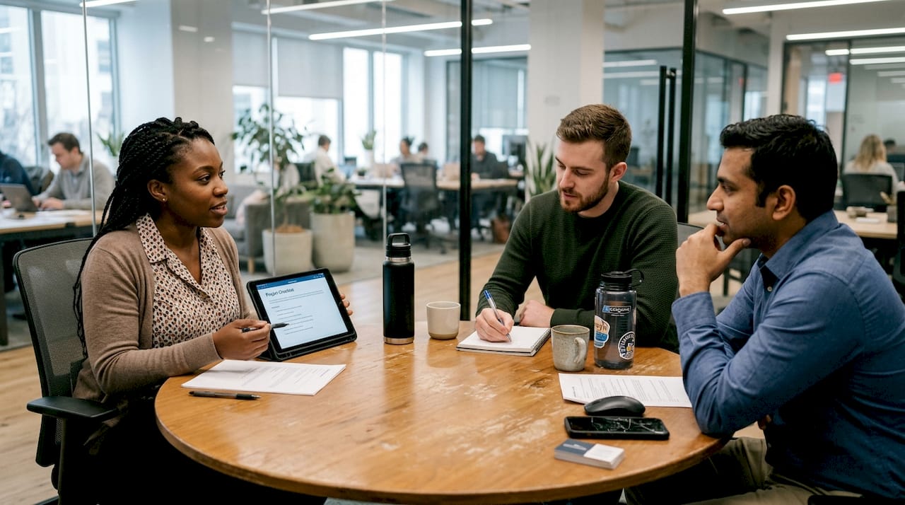 Team meeting discussing business compliance