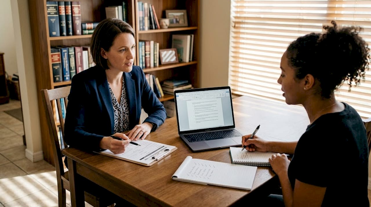 Attorney advising client on paperwork