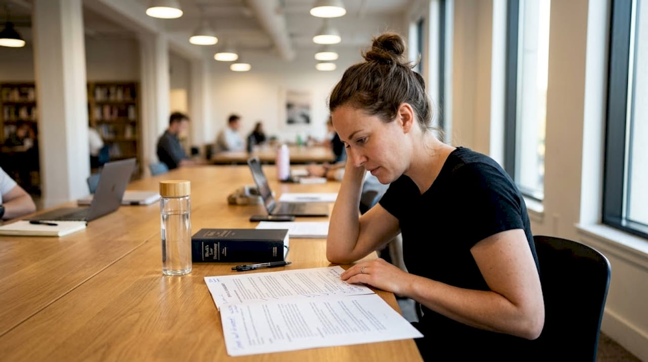 Lawyer reviewing service agreement at large table