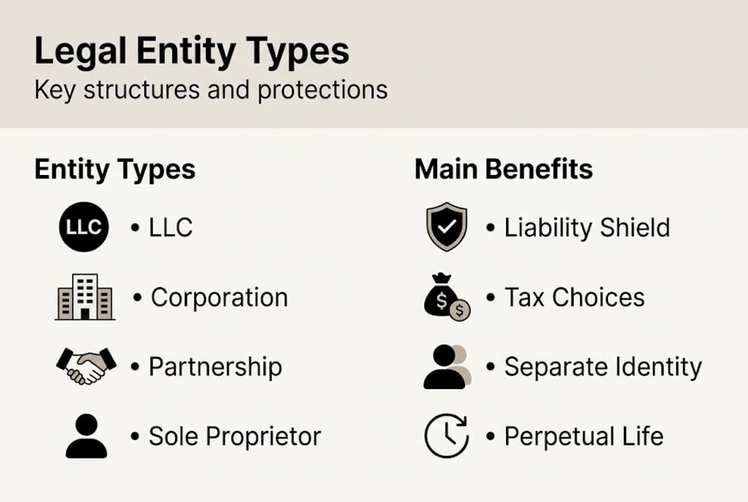Infographic showing business entity types and benefits