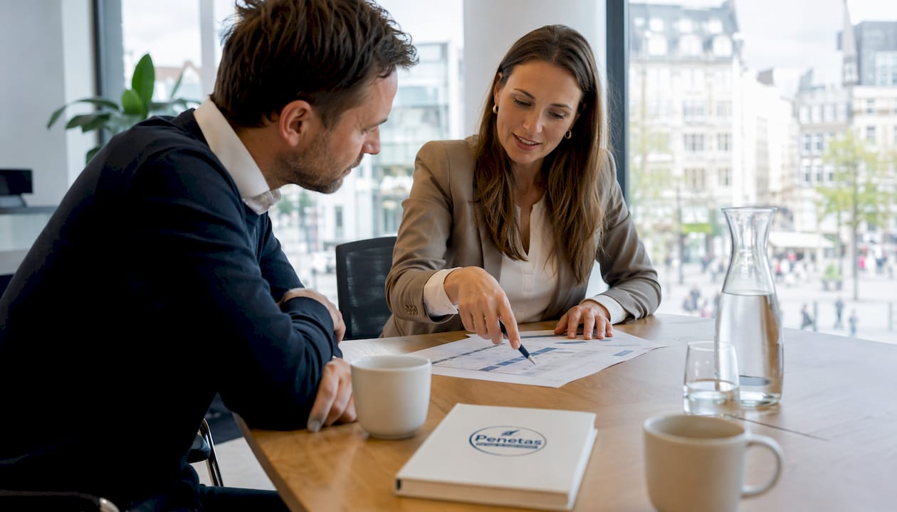 In een kleine vergaderzaal nemen professionals samen de delegatiematrix door.