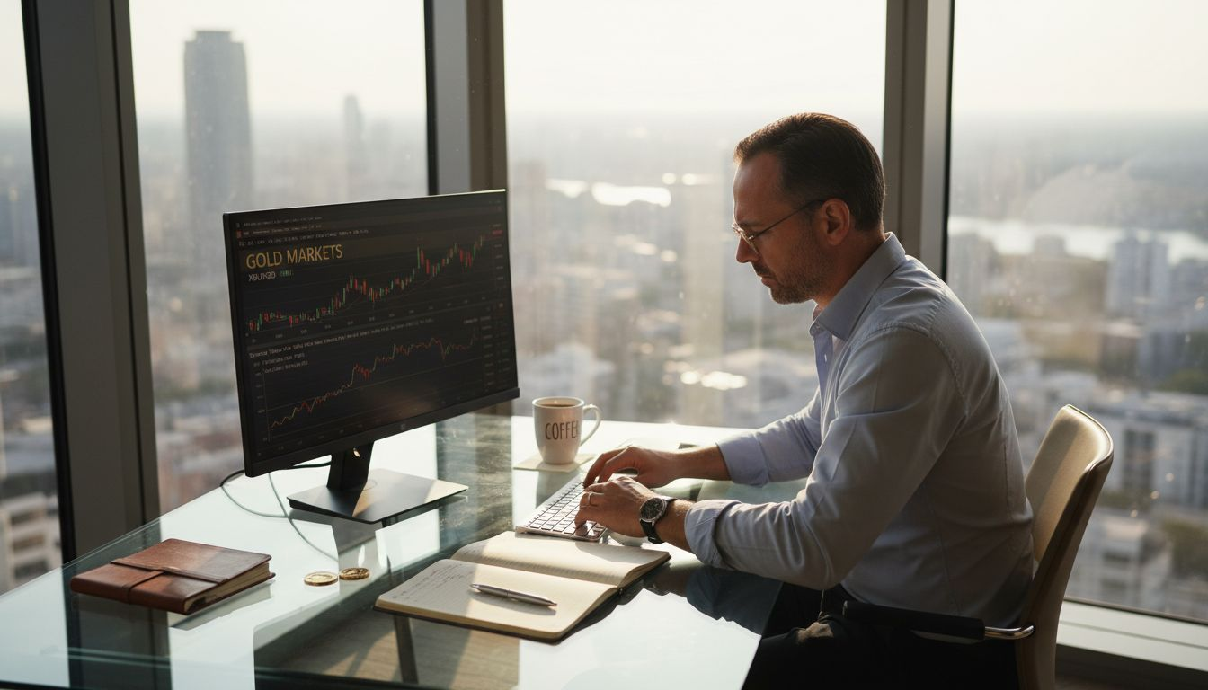 Investor in office analyzing gold price charts
