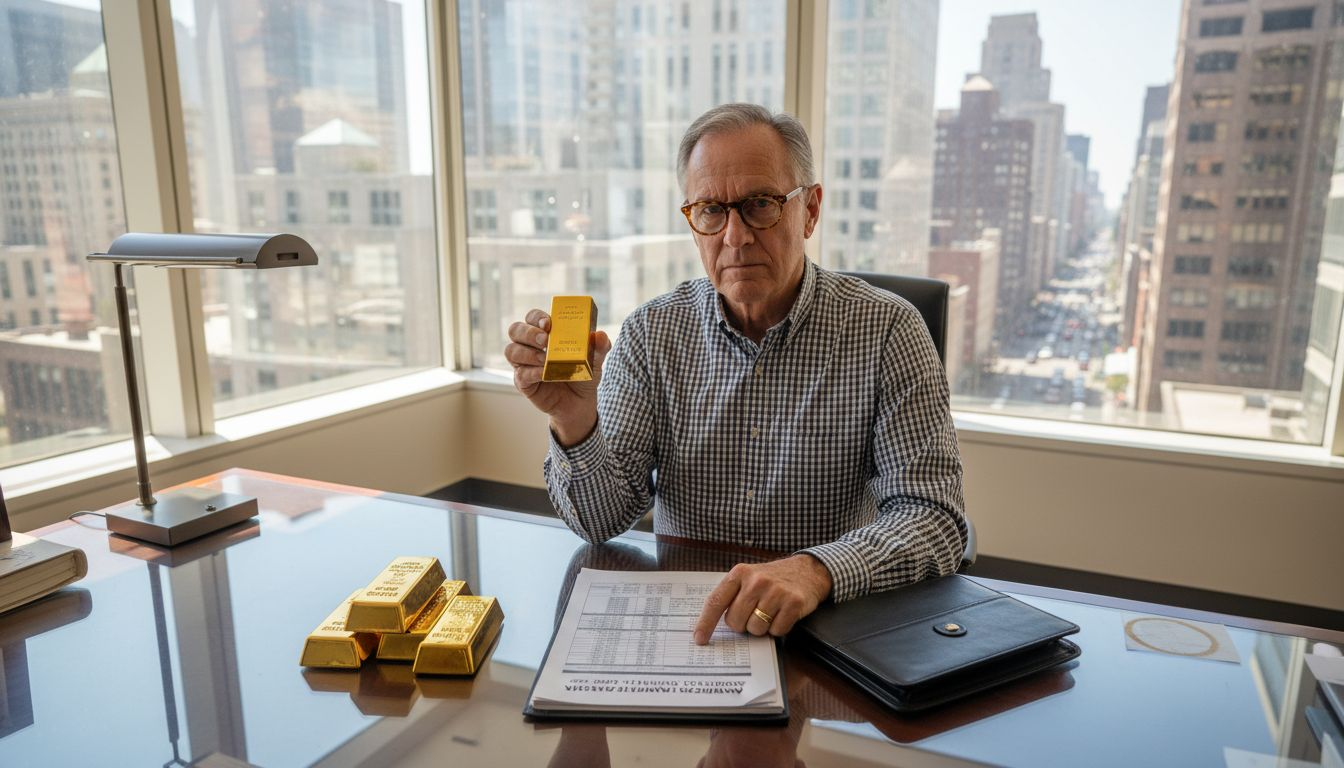 Advisor reviewing gold bars and portfolio papers