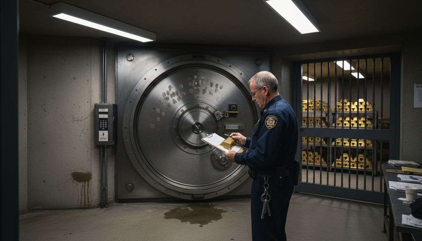 Guard inspecting gold bars inside secured vault