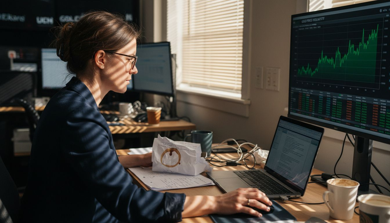 Woman tracking gold price volatility at desk