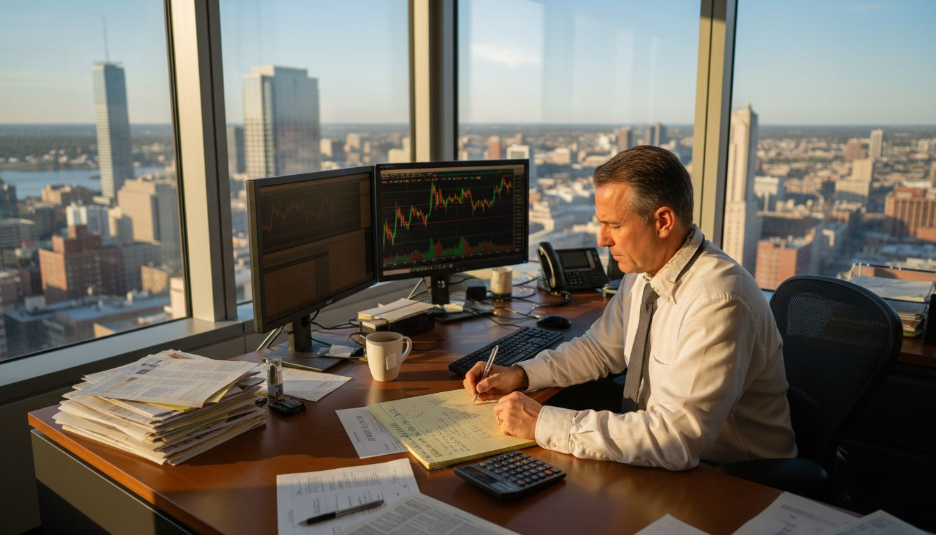 Trader reviewing gold price charts in office