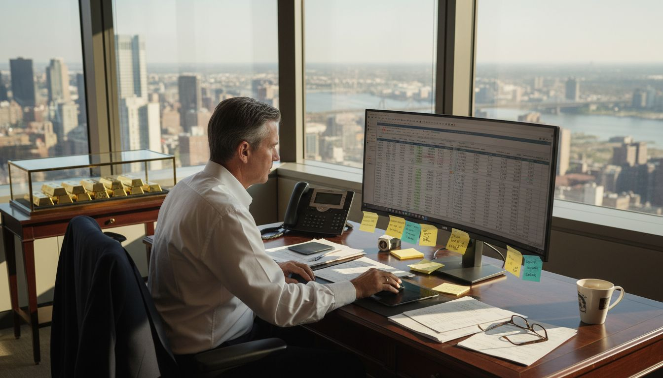 Portfolio manager in office with gold bars