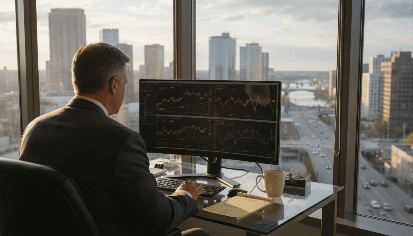 Analyst studying gold prices in office