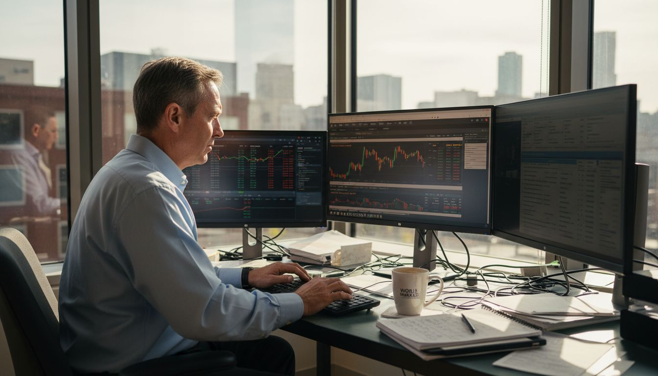 Trader using gold trading software in office