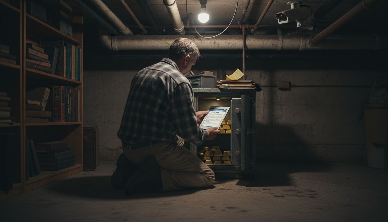 Homeowner placing gold in basement storage safe