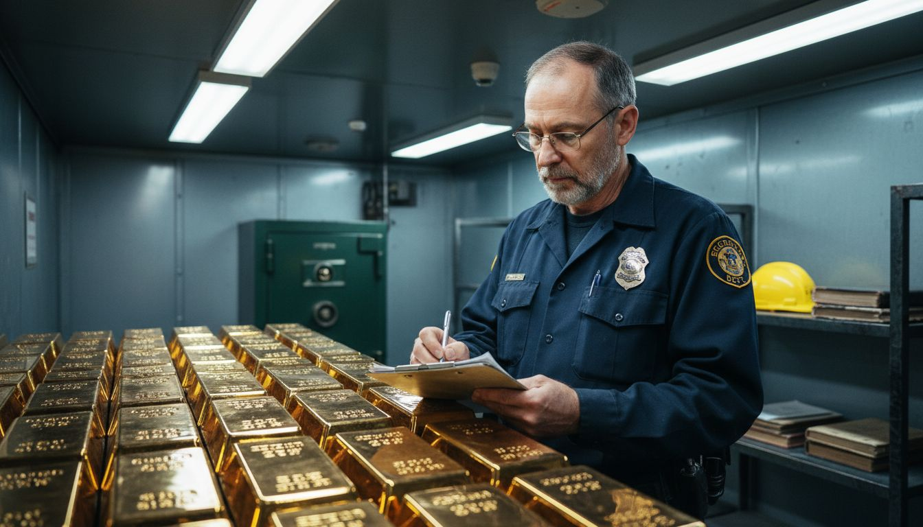 Officer checking gold bars in vault